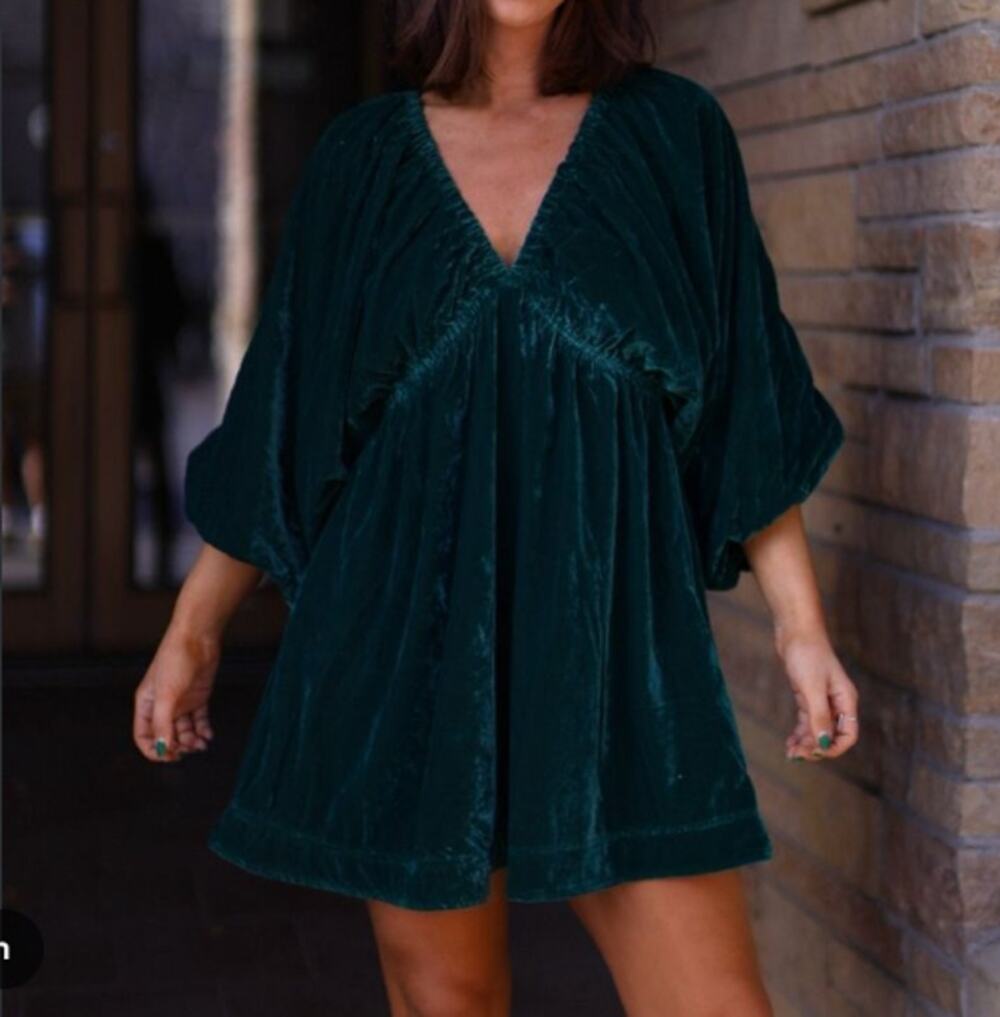 Free people Portia velvet babydoll mini dress dark forest green flowy boho